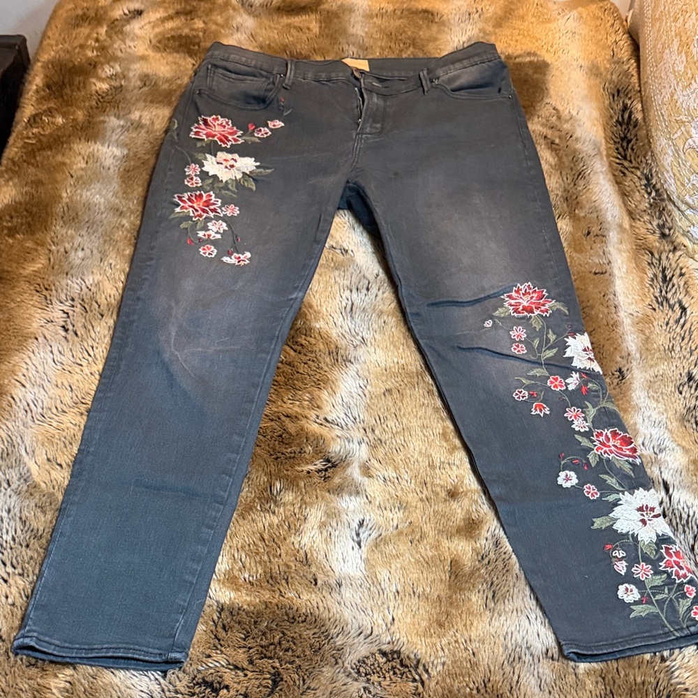 DRIFTWOOD Charcoal Jeans with Red and White Embroidery